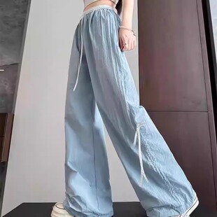 裤 300斤高腰垂感绑带休闲遮肉蝴蝶结裤 女夏季 胖mm2 大码 蓝色工装