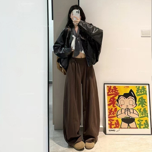 宽松200斤阔腿休闲卫裤 女秋冬季 胖mm梨型身材高腰显瘦弯刀裤 大码