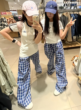 藏青色冰丝格子裤女夏款胖mm300斤慵懒垂感大码休闲遛弯阔腿裤子