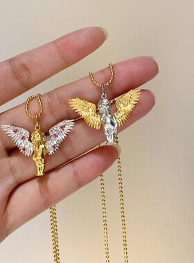 法式复古项链小天使纯银红宝石秋冬毛衣链小众轻奢丘比特吊坠礼物