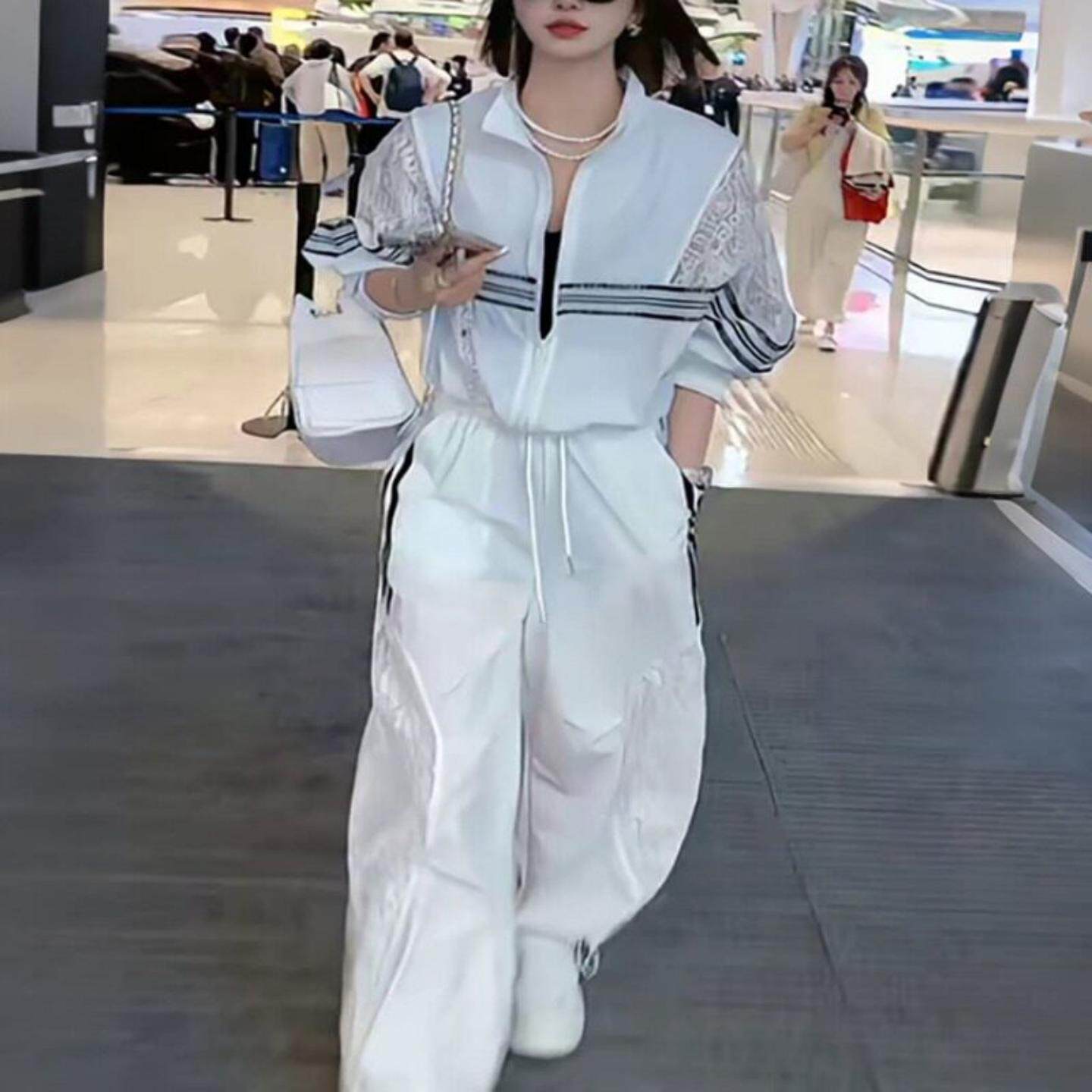 韩版镂空拼接蕾丝休闲运动套装女2026春夏新款宽松透气防晒两件套