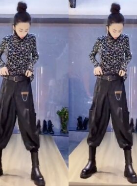 2025春秋季新款时尚女百搭高领修身花衫水洗显瘦PU皮休闲裤女套装