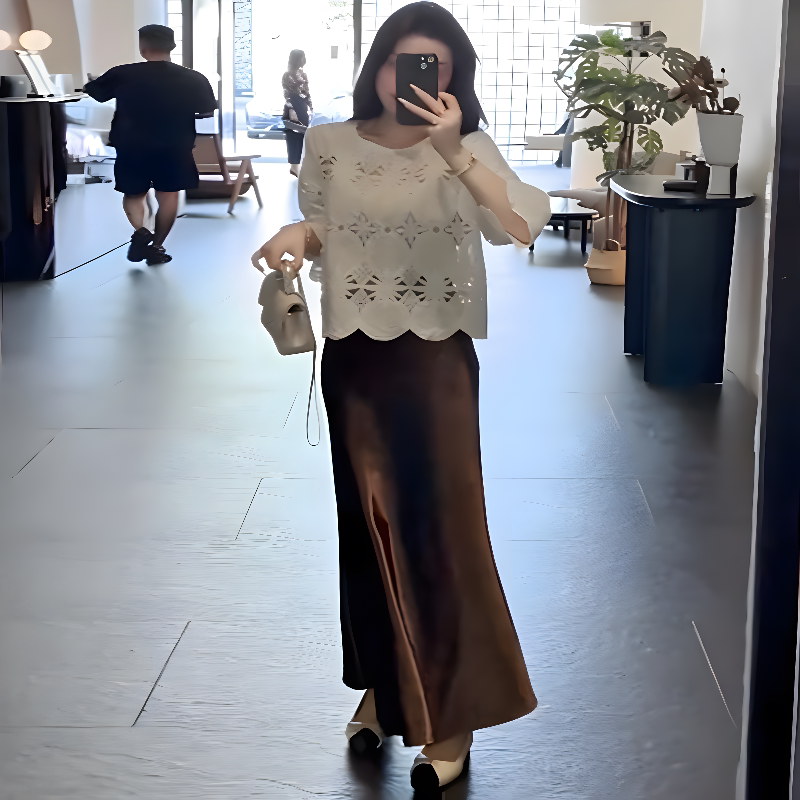 女装套装轻奢高级感女人味时尚白色镂空蕾丝长袖衬衫半身裙两件套