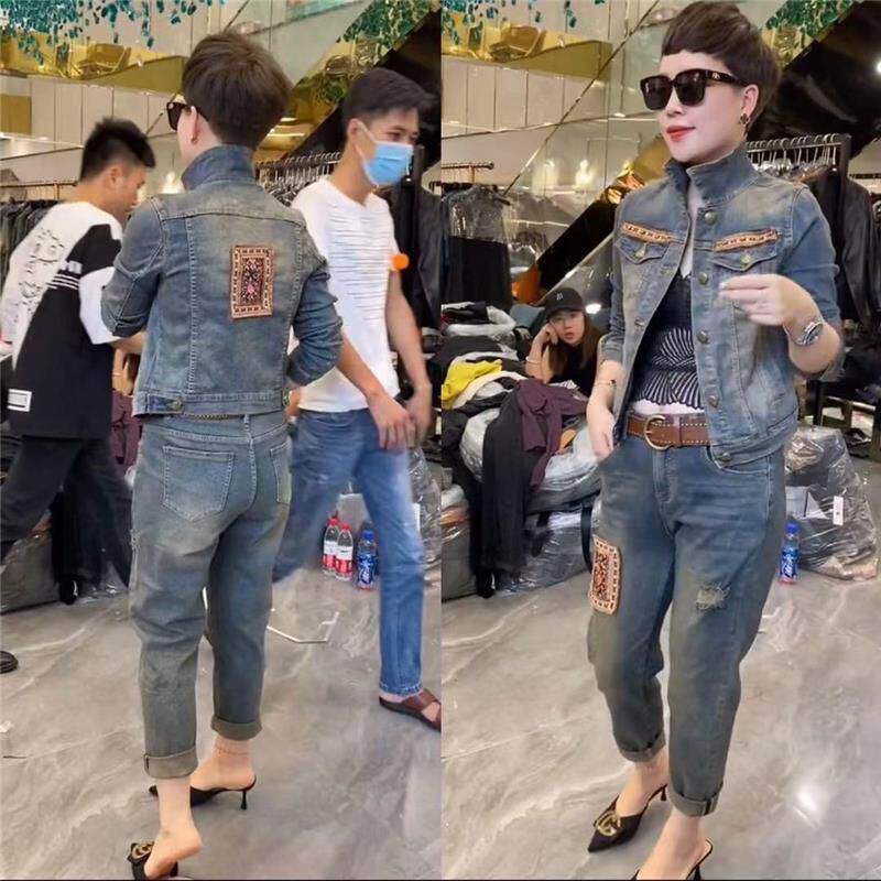 欧洲站怀旧牛仔套装女2025新款春秋时尚减龄破洞休闲牛仔裤两件套