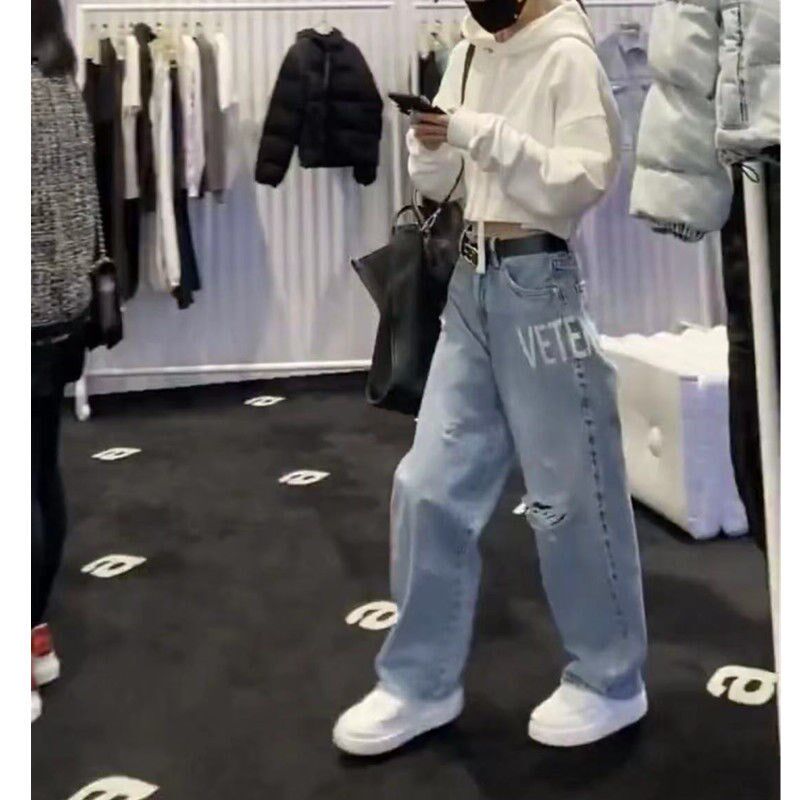 5982022早春秋新款欧货女款牛仔裤高腰直筒阔腿字母长裤