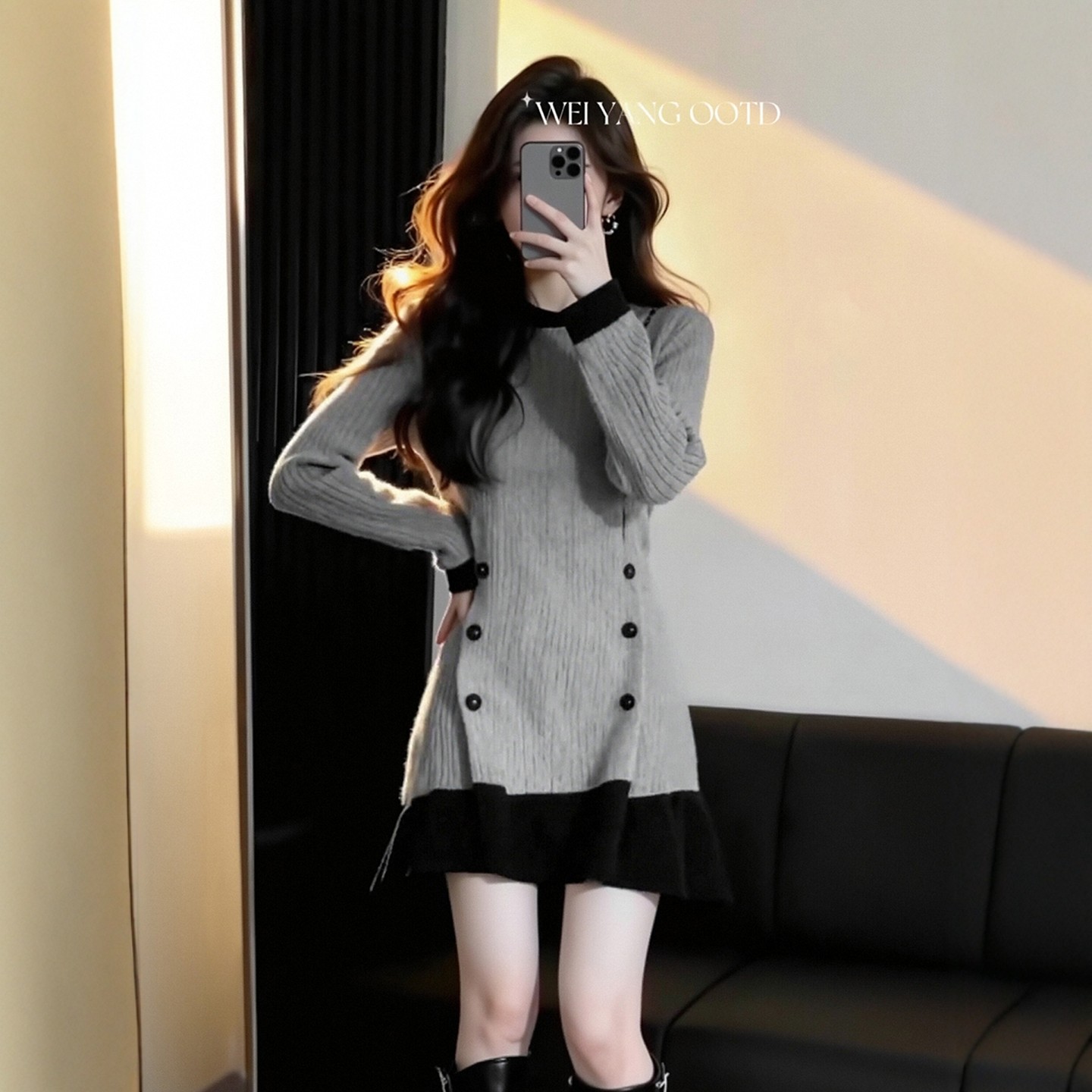 拼接针织连衣裙女秋冬季大码胖mm气质独特御姐巨好看短款鱼尾裙子