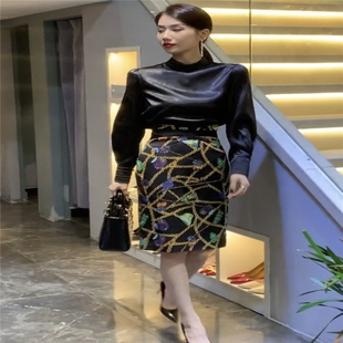 洋气印花醋酸衫 网红抖音同款 裙女2021早秋款 套装 包臀半身裙 时尚