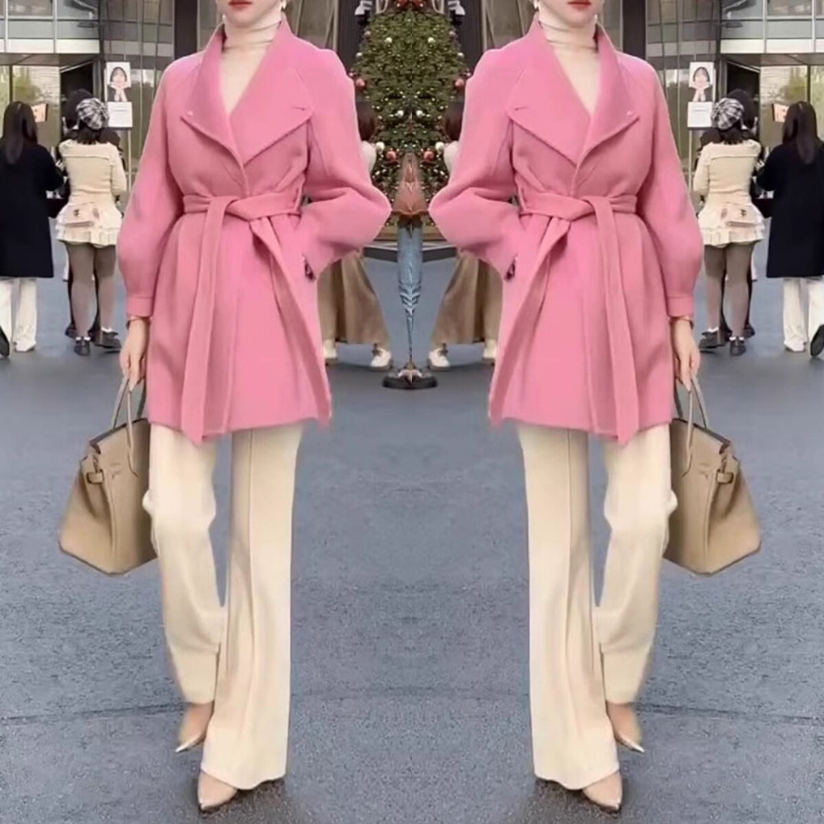 高级感时尚套装女秋冬新款气质中长款毛呢外套高腰阔腿长裤两件套