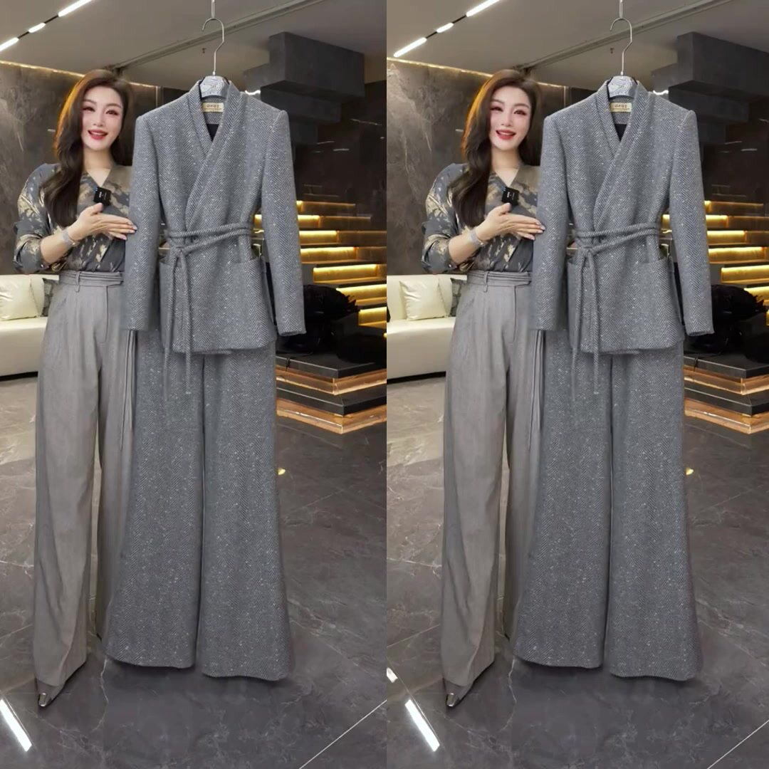 春装搭配一整套又a又飒高级感小香风灰色西装职业通勤两件套装裤