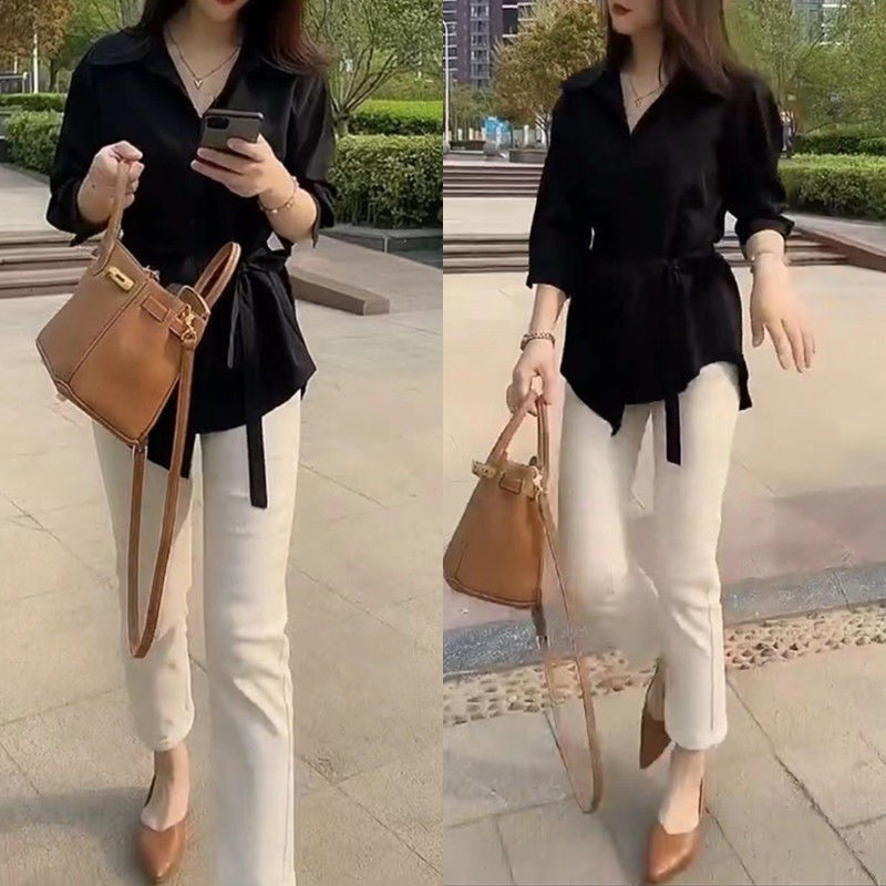 早春季夏装微胖mm搭配气质职业高级感小众衬衫休闲小脚裤两件套装