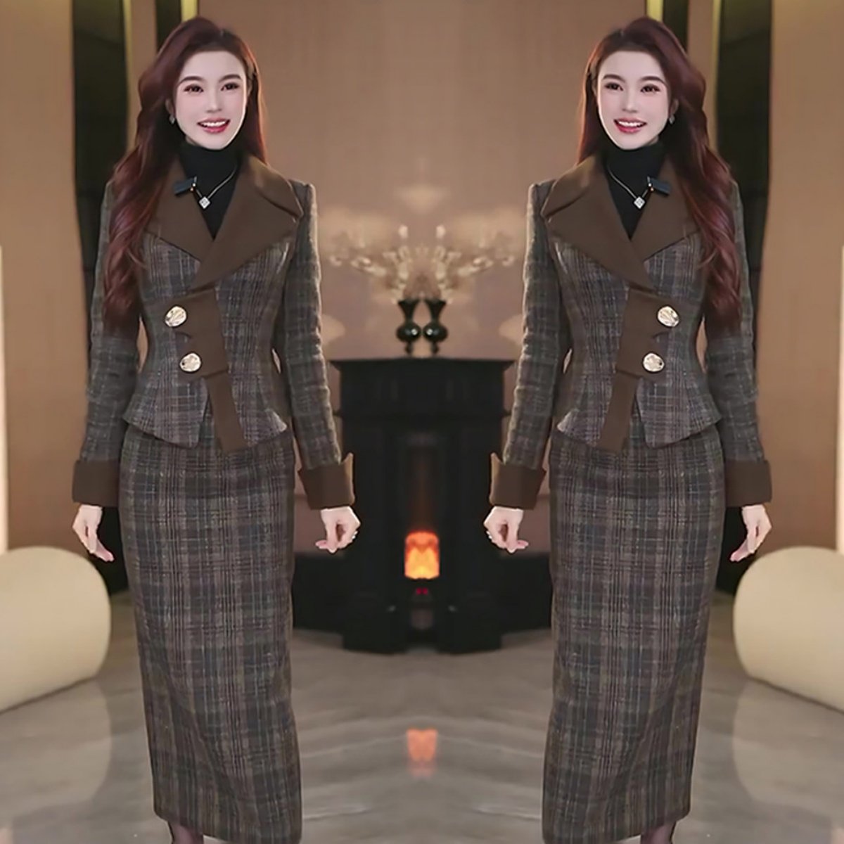 复古格纹西装两件套女秋季气质优雅收腰职业套装长袖女装格子秋冬,女装/女士精品,休闲运动套装,淘宝优惠券,粉丝福利购,淘宝优惠卷