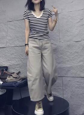 夏季套装女2026新款休闲显瘦条纹短袖上衣阔腿裤子盐系轻熟两件套