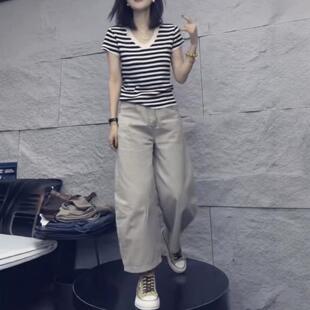 夏季套装女2026新款休闲显瘦条纹短袖上衣阔腿裤子盐系轻熟两件套