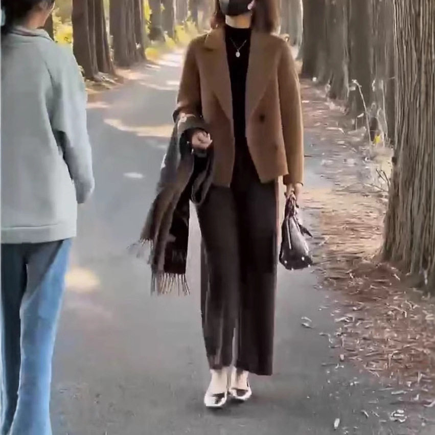 韩版女装新款简约洋气纯色翻领西服毛呢外套搭配休闲阔腿裤两件套