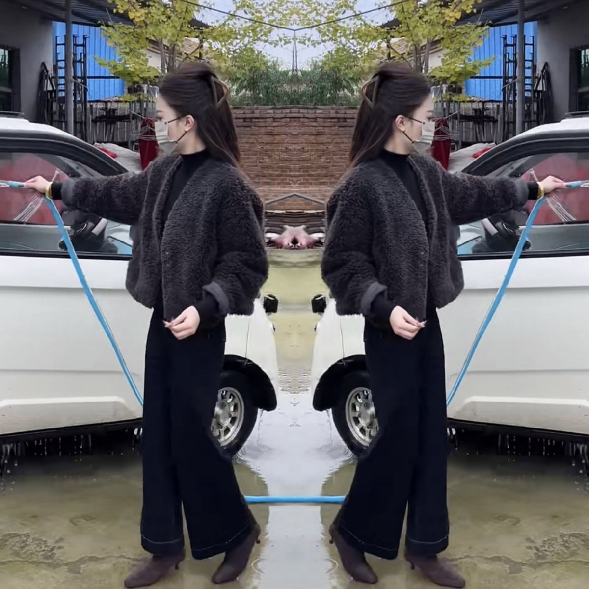 网红同款时尚套装女2025秋季新款纯色毛毛减龄显瘦外套+阔腿裤
