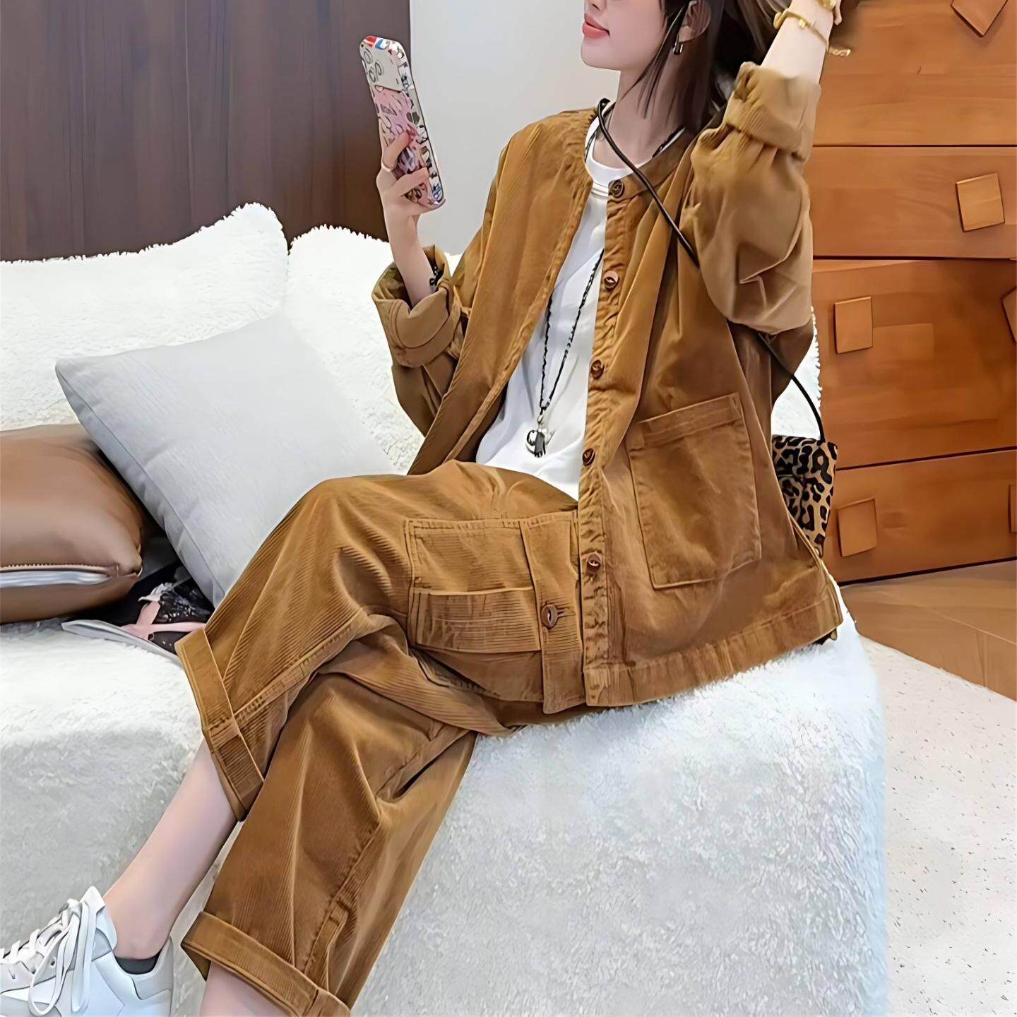 时尚休闲套装女金丝绒长袖两件套秋冬新款高级感阔腿裤套装欧货