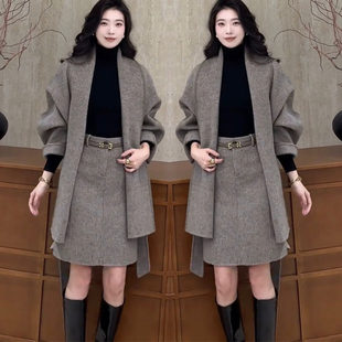 2026年早春网红新款时尚高级感气质系带中长款外套+半身裙套装女