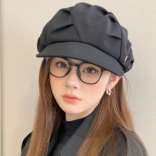 褶皱云朵贝雷帽女春秋季 大头显脸小韩系日系报童帽八角帽子 秋冬季