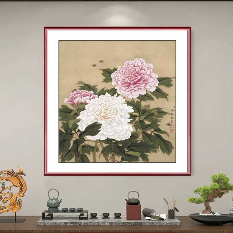 《复古花鸟》斗方餐厅走廊装饰画实木框高档花鸟画挂画客厅画国画