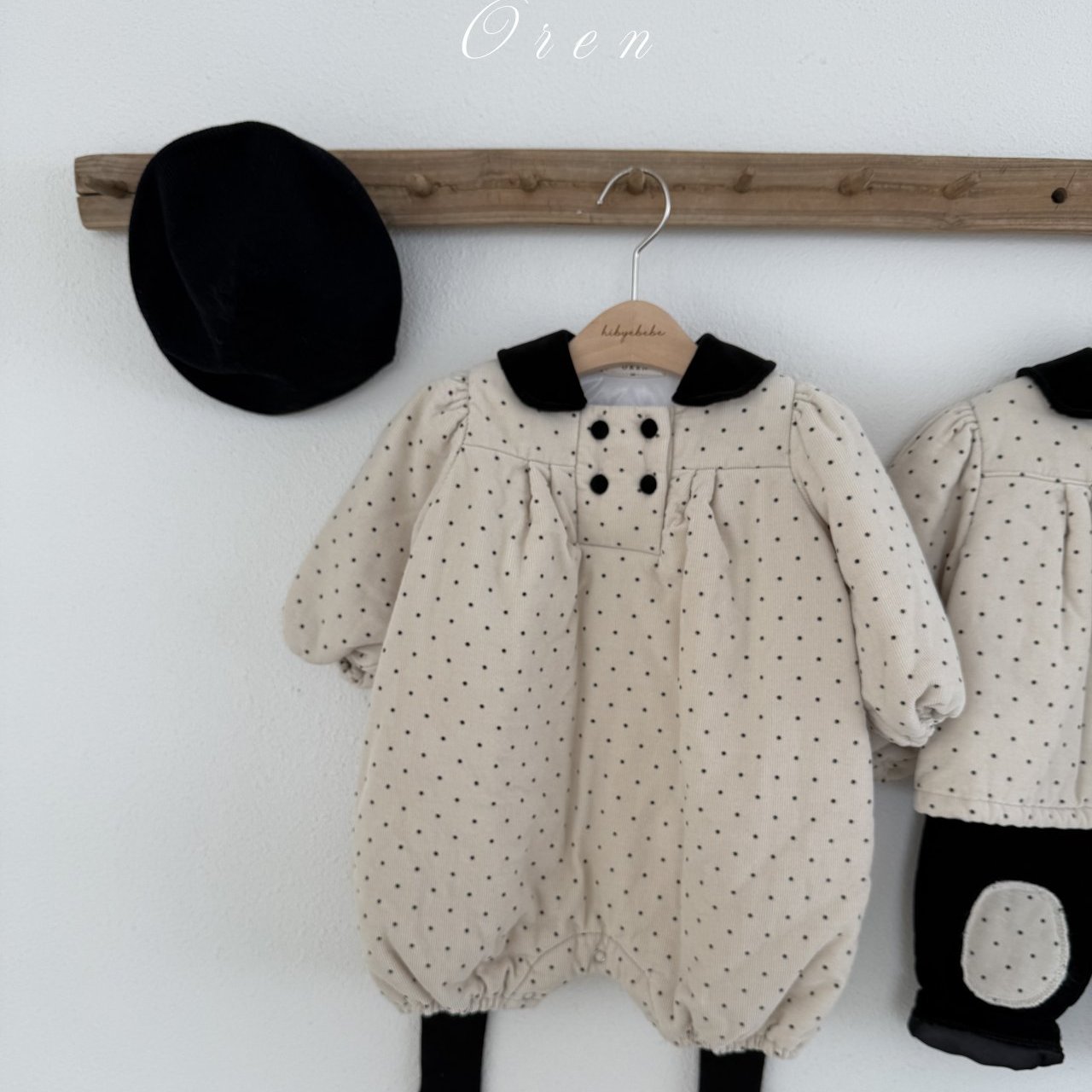 韩国童装代购Oren婴童宝宝可爱波点灯芯绒夹棉连体衣裤爬服外出服