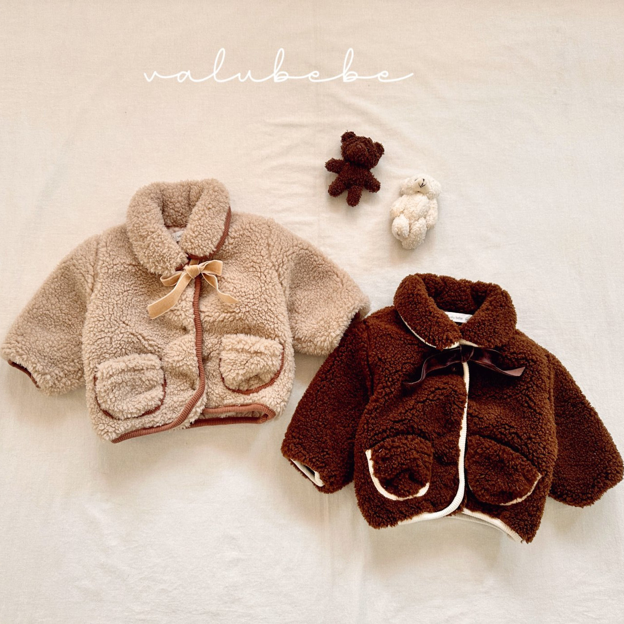 韩国童装代购VALU BEBE冬婴童宝宝加厚羊羔绒蝴蝶结保暖棉服外套