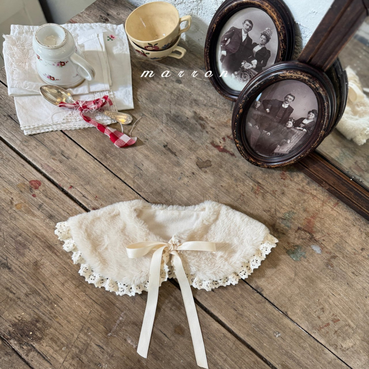 韩国进口代购MARRON女婴小童宝宝洋气刺绣蕾丝菲边毛绒假领子配饰