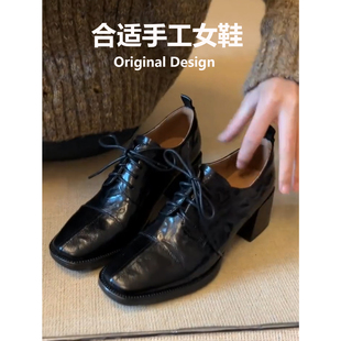 羊皮版~方头系带单鞋女2026新款英伦风黑色小皮鞋粗跟复古乐福鞋
