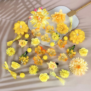 橘黄色系花朵发夹仿真花头饰古风旅拍写真发饰套装汉服头花妆造配