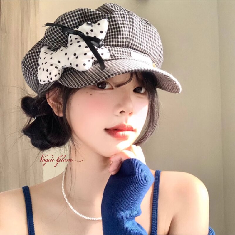 可爱波点小狗格纹贝雷帽女春夏季