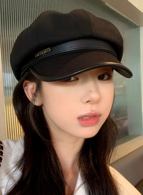 2025秋冬季鸭舌帽子女黑色休闲复古画家贝雷帽显脸小云朵八角帽潮