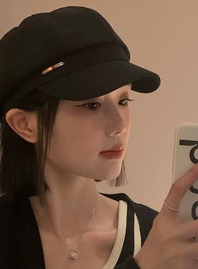 黑色贝雷帽女帽子2025春秋冬新款报童帽大头围显脸小八角帽画家帽