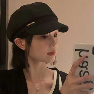 报童帽大头围显脸小八角帽画家帽 黑色贝雷帽女帽子2026春秋冬新款