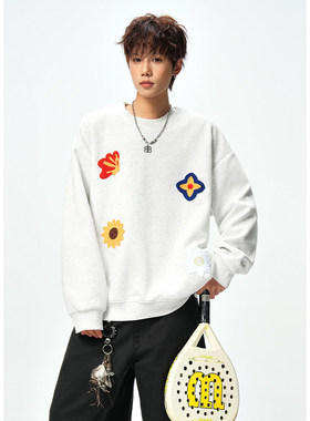 美式花卉刺绣重磅圆领卫衣外套男潮牌春秋宽松大码休闲t恤上衣服