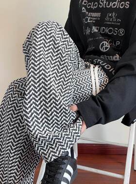 人字纹肌理感提花裤子男款春季直筒宽松垂感阔腿裤美式大码休闲裤