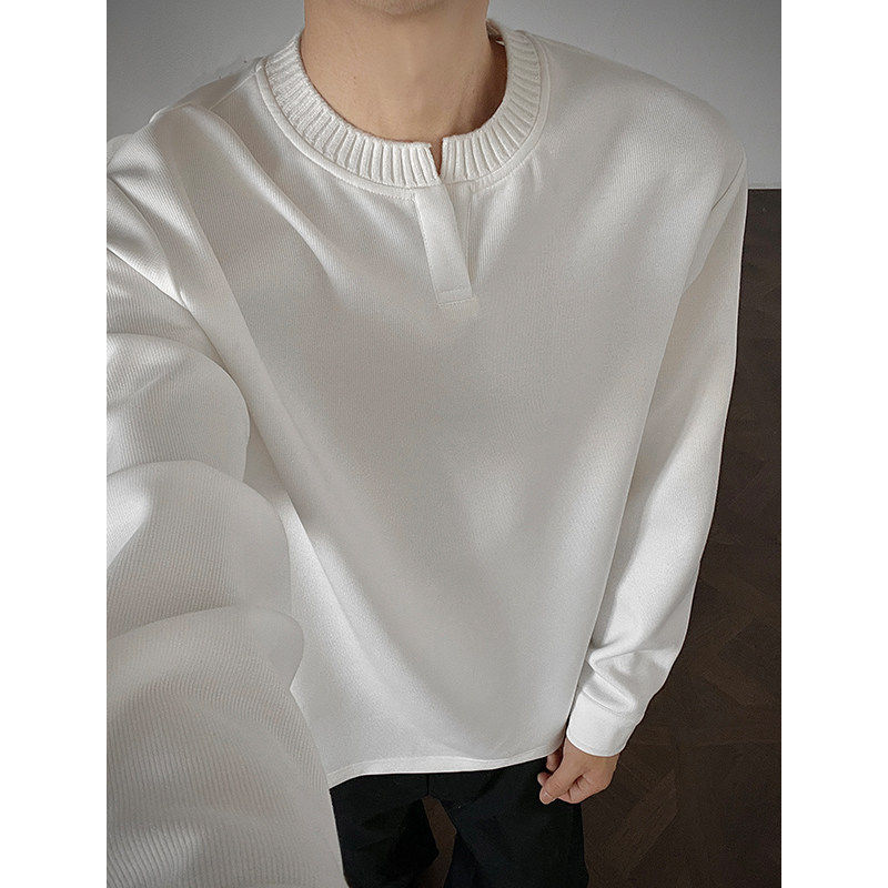 美式高街V领内搭打底衫卫衣男春秋季纯色休闲百搭重磅白色长袖T恤