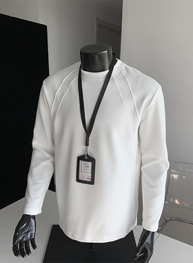 男士秋装白色长袖t恤潮牌潮流ins圆领宽松内搭体恤华棉纯色打底衫