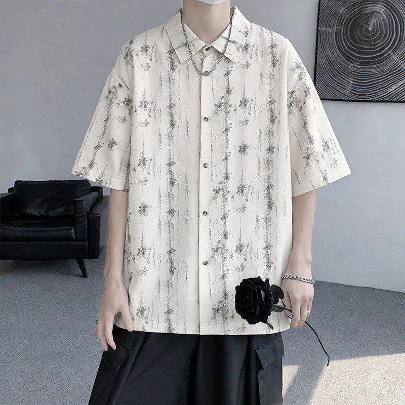 日系扎染短袖衬衫男夏季潮流街头大码宽松男生个性半袖花衬衣外套