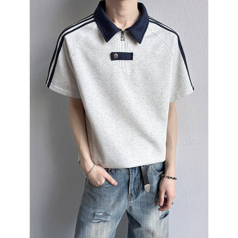 美式街头三条杠短袖T恤男潮流夏季宽松翻领polo衫青少年重磅上衣