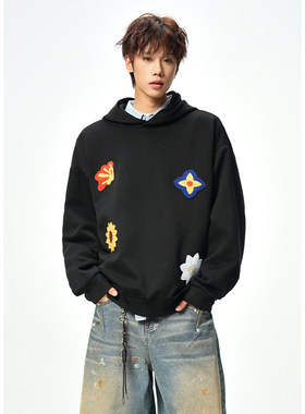 美式重磅花卉刺绣连帽卫衣男款春秋新款潮牌痞帅宽松百搭套头外套