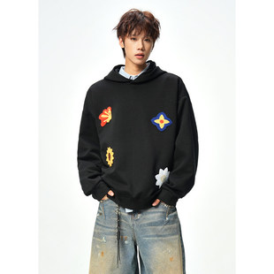 美式重磅花卉刺绣连帽卫衣男款春秋新款潮牌痞帅宽松百搭套头外套