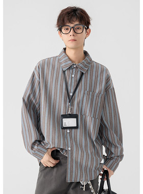 cleanfit日系复古条纹撞色设计感气质上衣衬衫男潮流长袖衬衣外套