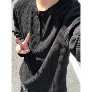 高街潮牌显瘦长袖 秋季 T恤上衣 男款 亨利领欧棉绒肌理感宽松打底衫