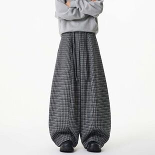 cleanfit美式复古格子垂感休闲裤男款秋冬季高级感宽松阔腿长裤子