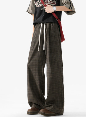 春秋复古慵懒小格子宽松直筒休闲裤男款潮流百搭长裤子大码阔腿裤