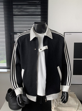 美式三条杠棒球服卫衣男春秋季重磅潮牌条纹运动夹克拼接开衫外套