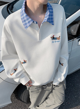 腊肠狗刺绣卫衣男春季潮牌美式重磅polo衫宽松潮流百搭华夫格外套