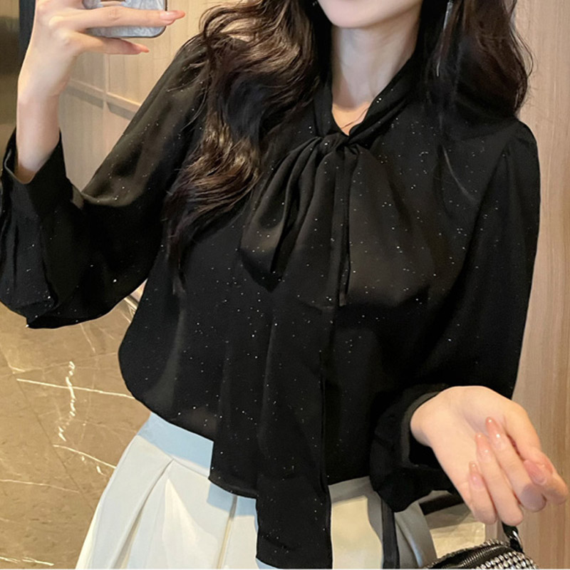 蝴蝶结系带雪纺衬衫女士春秋2025新款法式衬衣设计感洋气长袖上衣