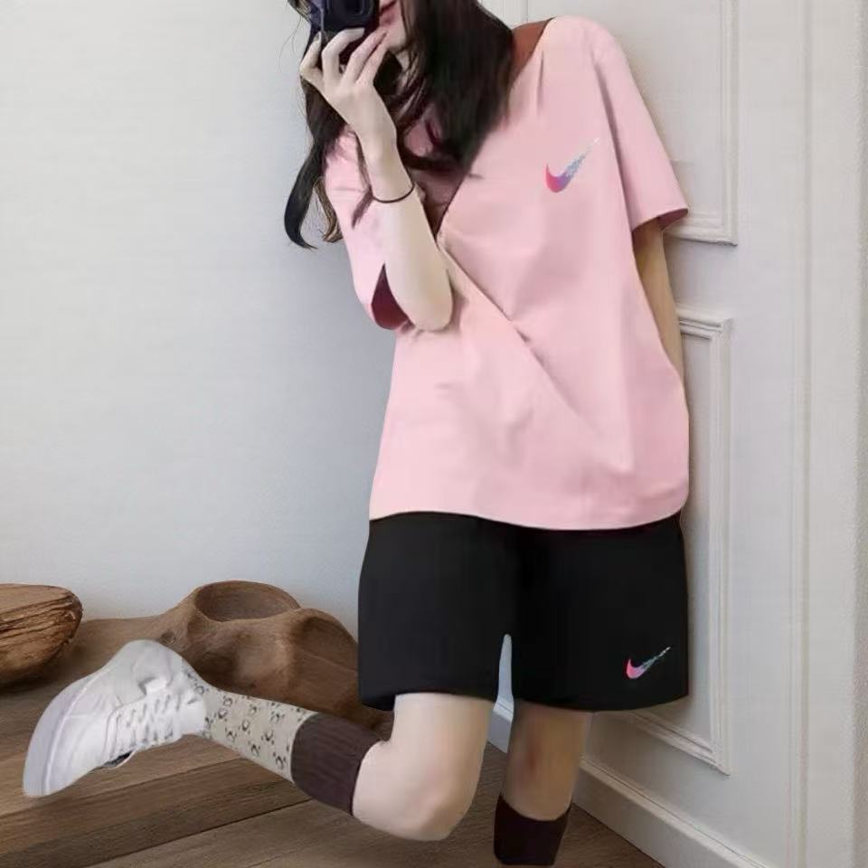 奥特莱斯粉色衬肤纯棉短袖女式套装夏季T恤休闲宽松运动大码短裤