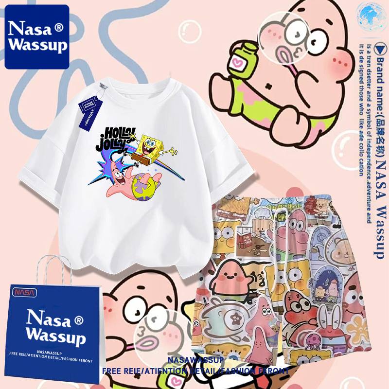 NASA联名派大星大童男女情侣同款短袖t恤沙滩裤套装夏季海边衣服