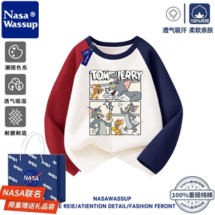 NASA联名卡通印花猫和老鼠男女童插肩长袖T恤春秋儿童打底衫上衣